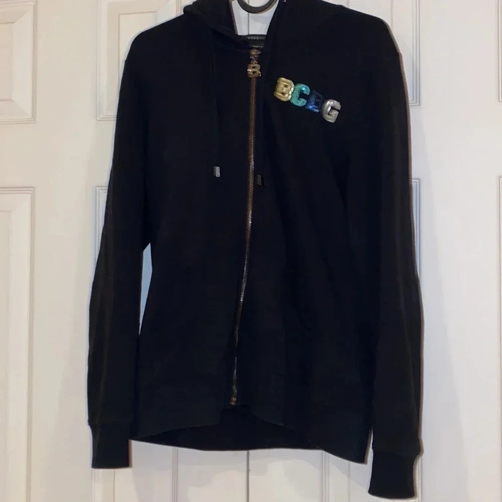 BCBG Maxazria  rhinestone logo black hoodie sweater Sz L - Picture 3 of 15